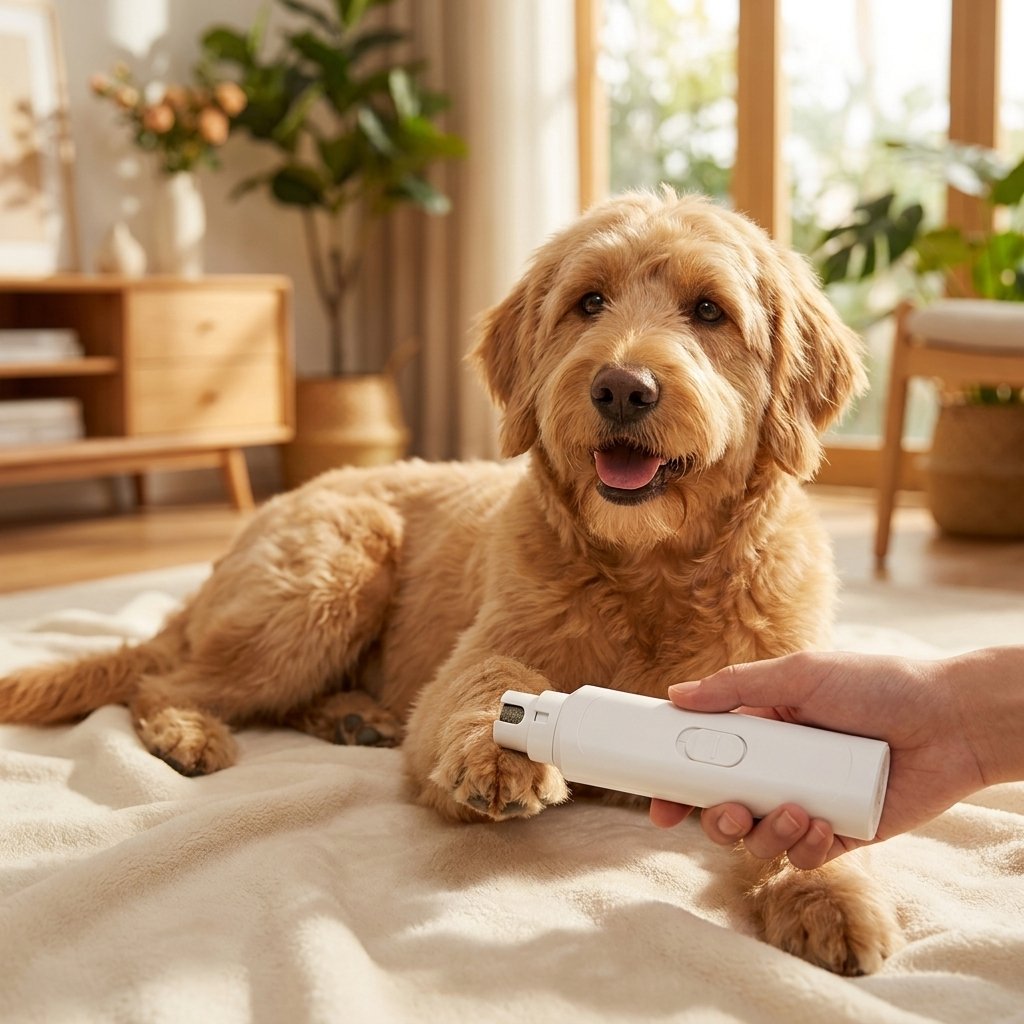 Happy dog getting nails groomed with PawSmooth